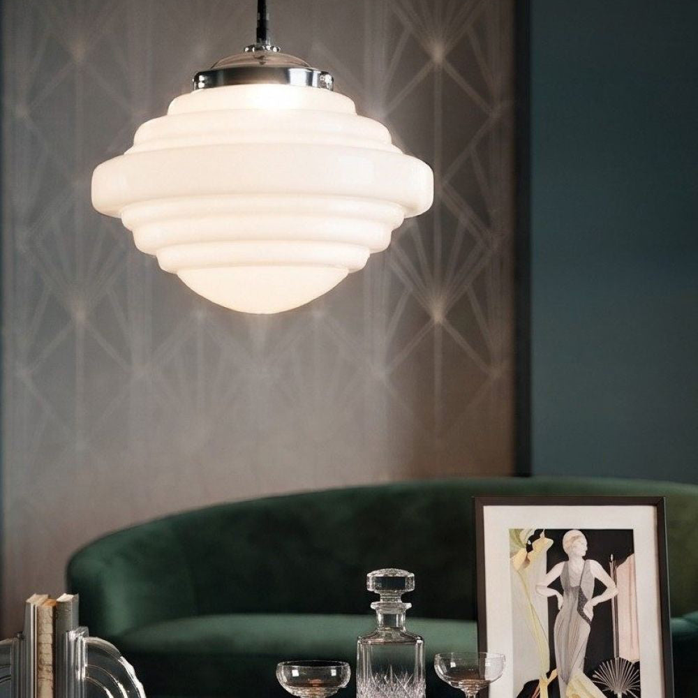 Art Deco Contemporary Ceiling Pendant Light In Chrome Finish With Opal Shade 4948CH
