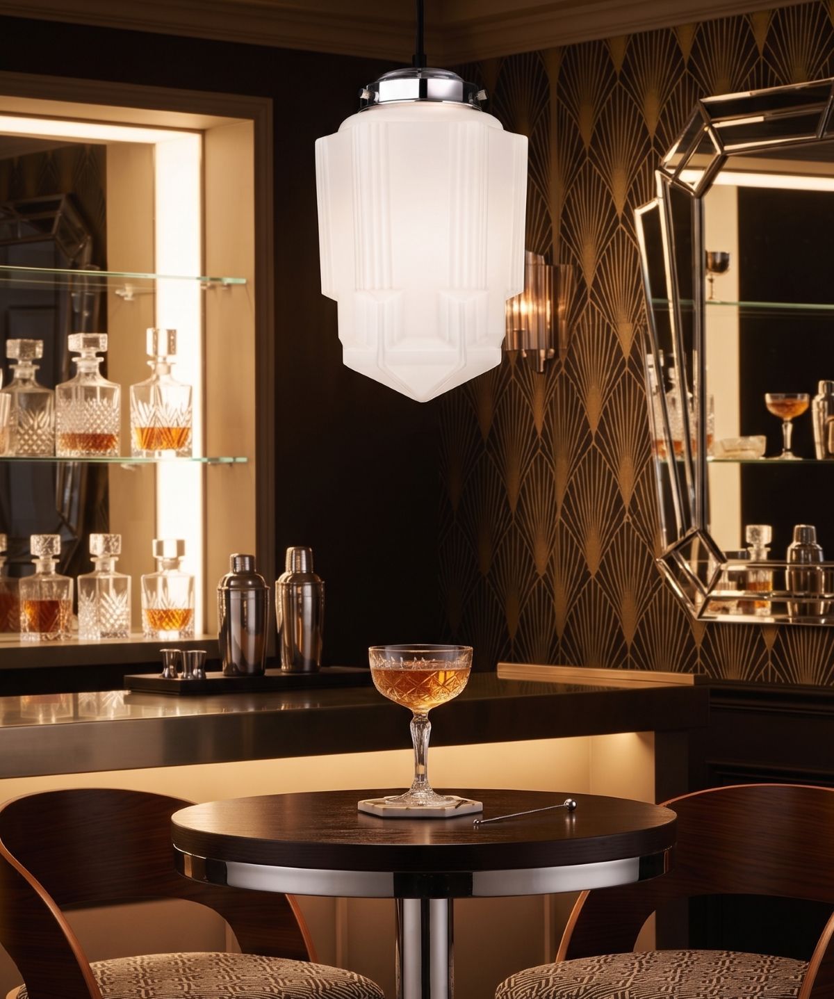 Art Deco Contemporary Ceiling Pendant Light In Chrome Finish With Opal Shade 4949CH