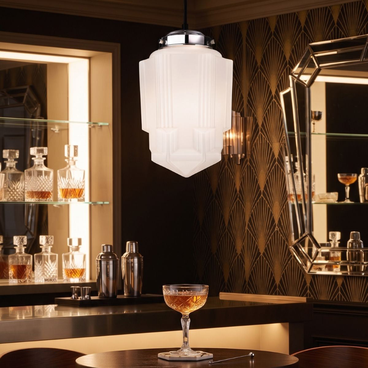 Art Deco Contemporary Ceiling Pendant Light In Chrome Finish With Opal Shade 4949CH