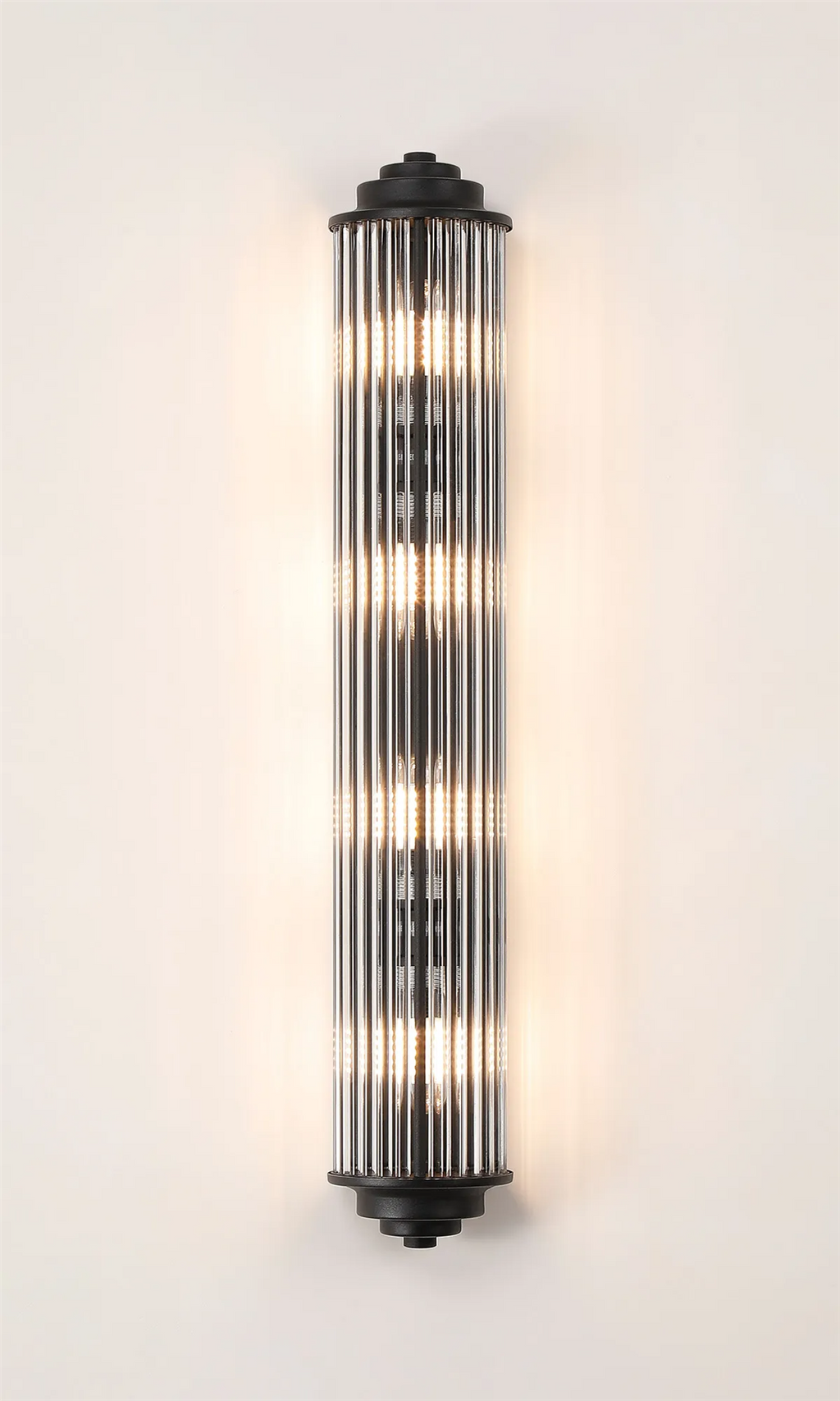 Pillar 4 Light Bathroom Wall Light In Satin Black And Clear Glass Rods IP44 G9