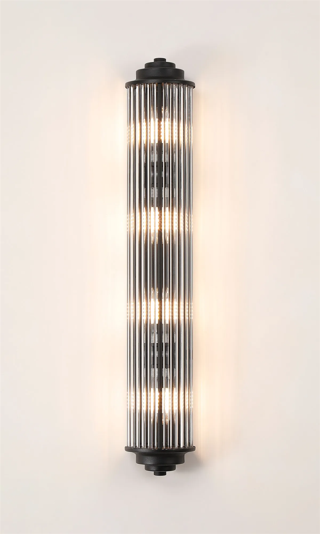 Pillar 4 Light Bathroom Wall Light In Satin Black And Clear Glass Rods IP44 G9