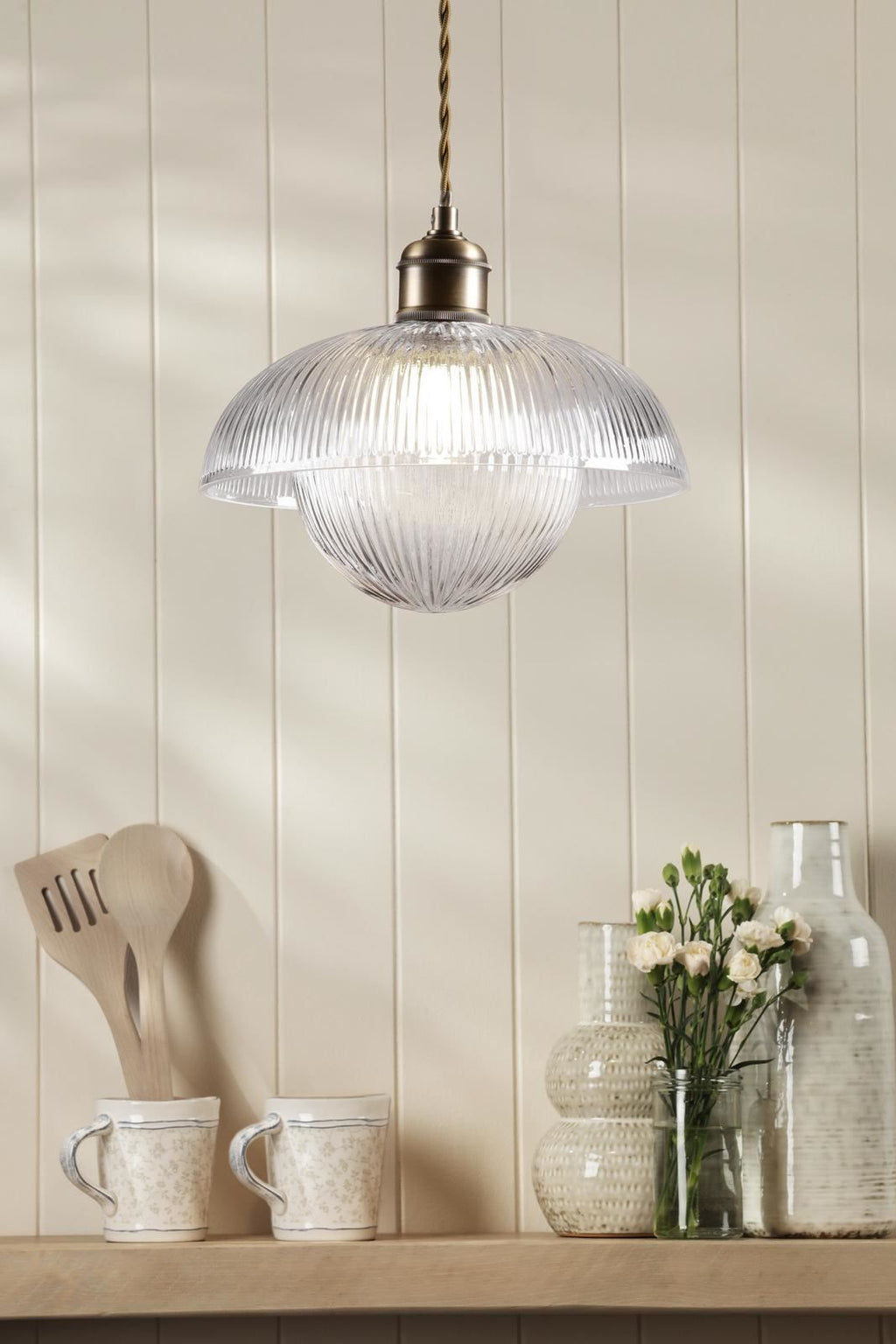 Laura Ashley Billham Pendant Matt Antique Brass and Ribbed Glass LA3756651-Q