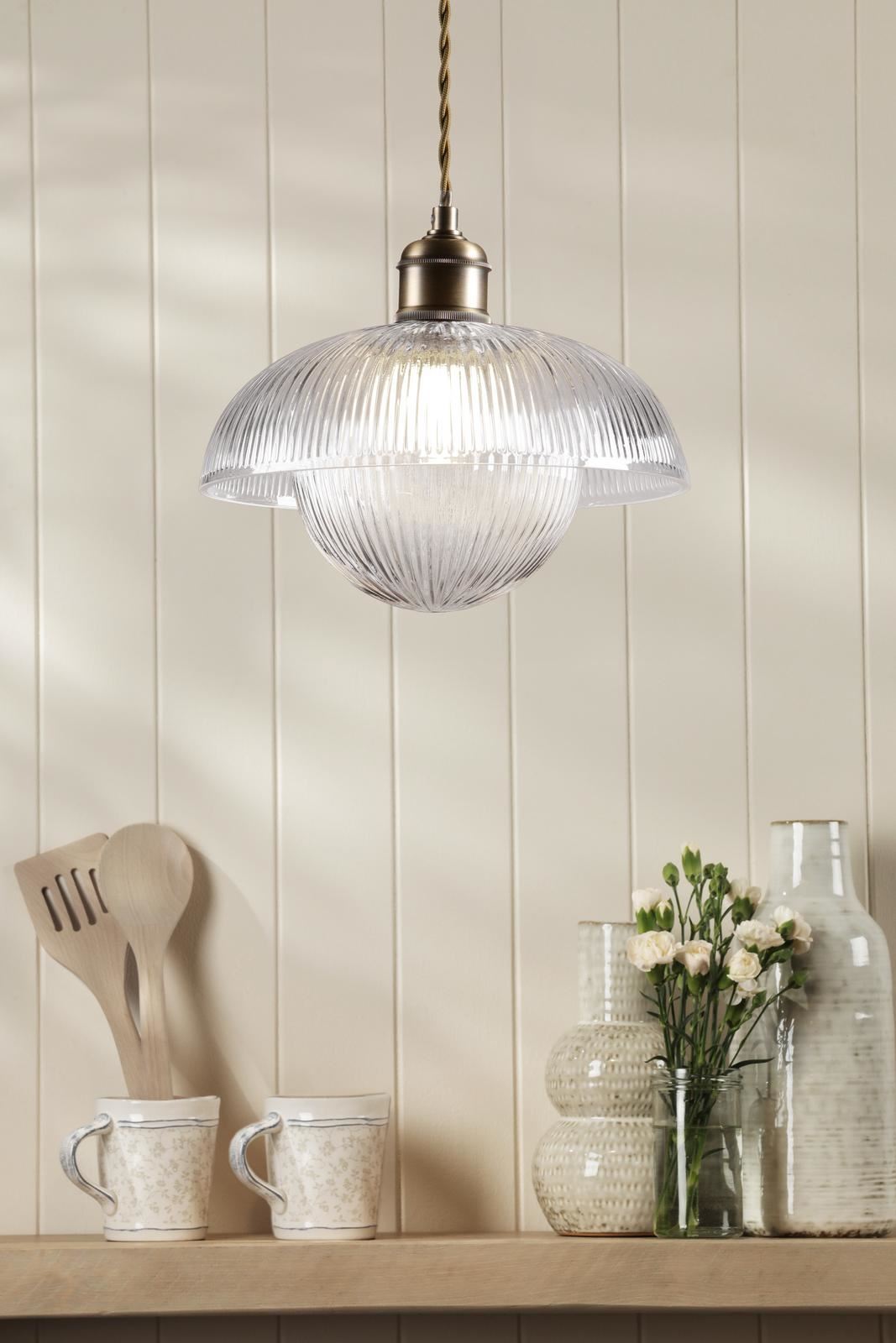 Laura Ashley Billham Pendant Matt Antique Brass and Ribbed Glass LA3756651-Q