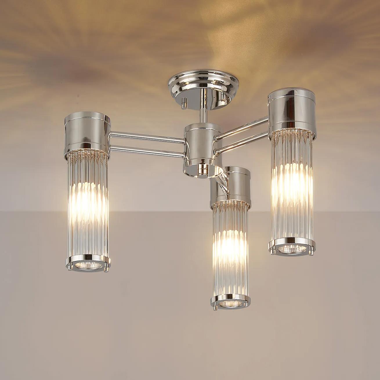 Pillar 3 Light Bathroom Semi Flush Ceiling Light In Polished Nickel And Clear Glass Rods IP44 E14