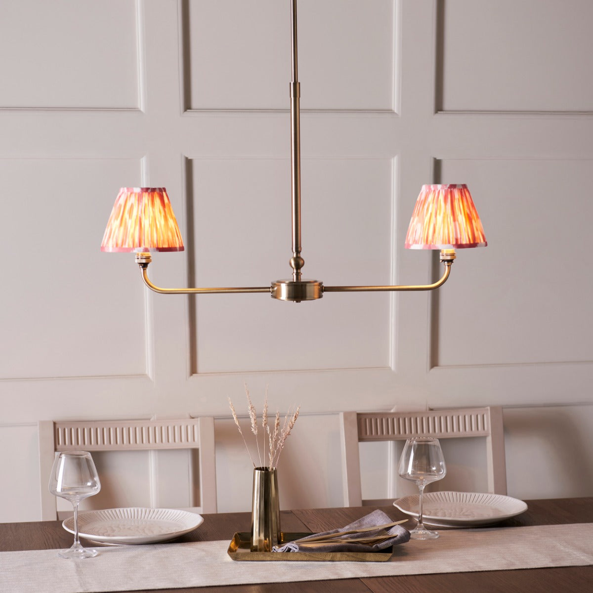 Lille 2 Light Linear Ceiling Pendant Light In Antique Brass With Coral Pink Shades 118077