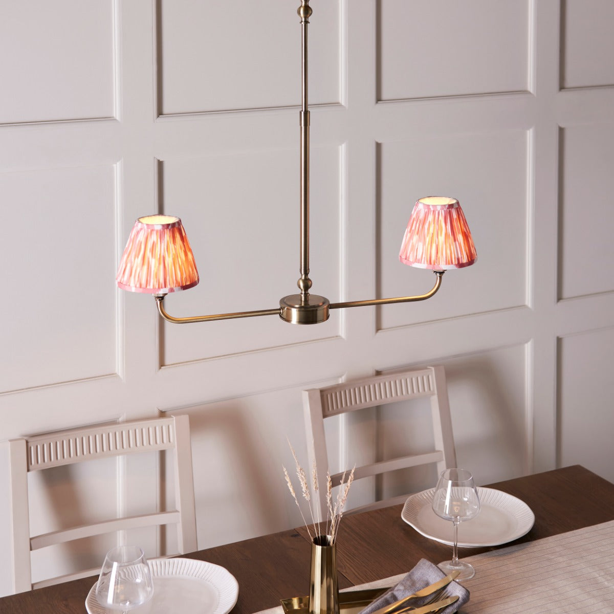 Lille 2 Light Linear Ceiling Pendant Light In Antique Brass With Coral Pink Shades 118077