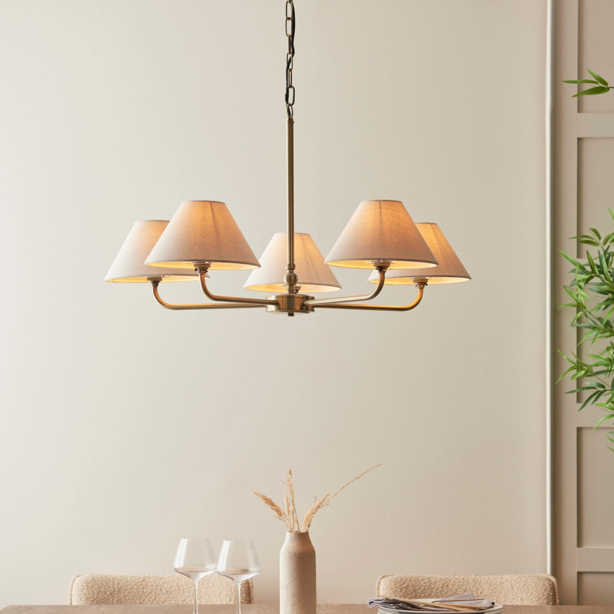 Lille 5 Light Ceiling Pendant Light In Antique Brass With Natural Linen Shades 117833