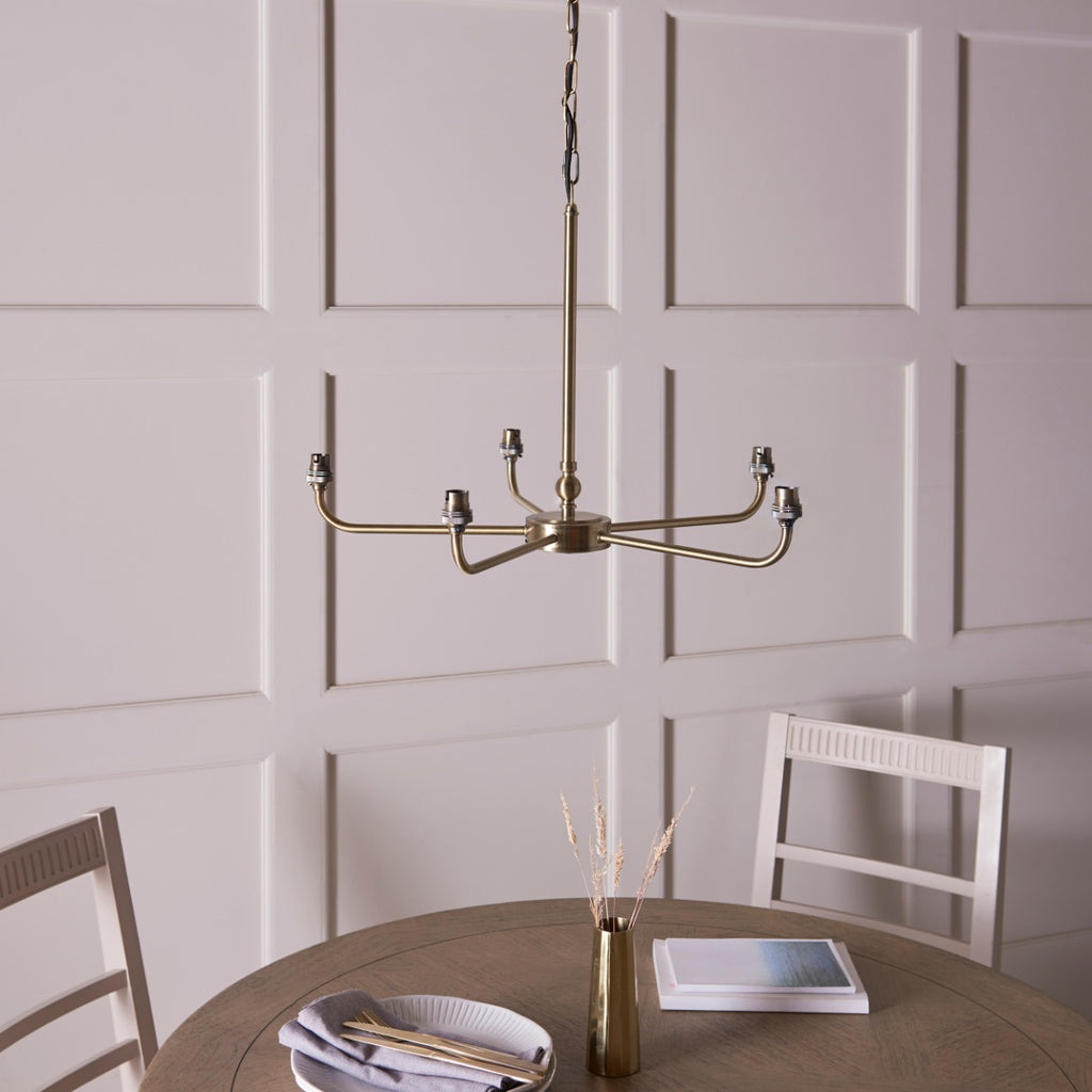 Lille 5 Light Ceiling Pendant Light In Antique Brass With Natural Linen Shades 117833