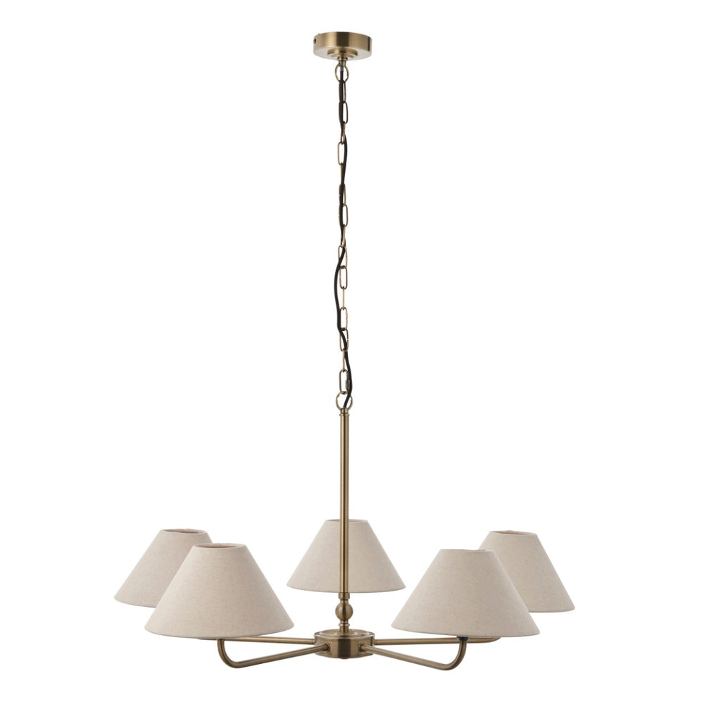 Lille 5 Light Ceiling Pendant Light In Antique Brass With Natural Linen Shades 117833