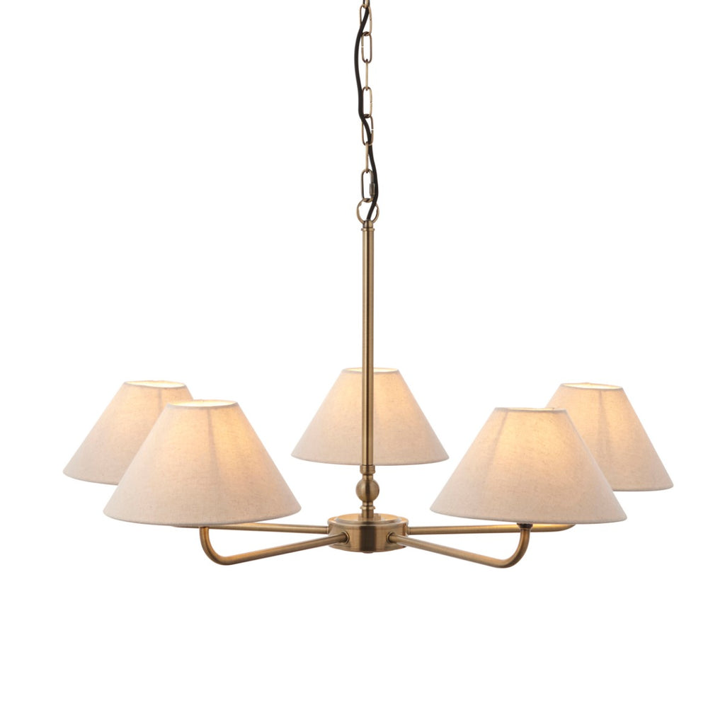 Lille 5 Light Ceiling Pendant Light In Antique Brass With Natural Linen Shades 117833