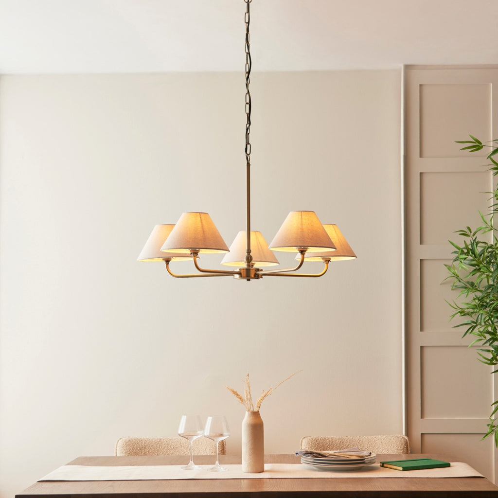 Lille 5 Light Ceiling Pendant Light In Antique Brass With Natural Linen Shades 117833