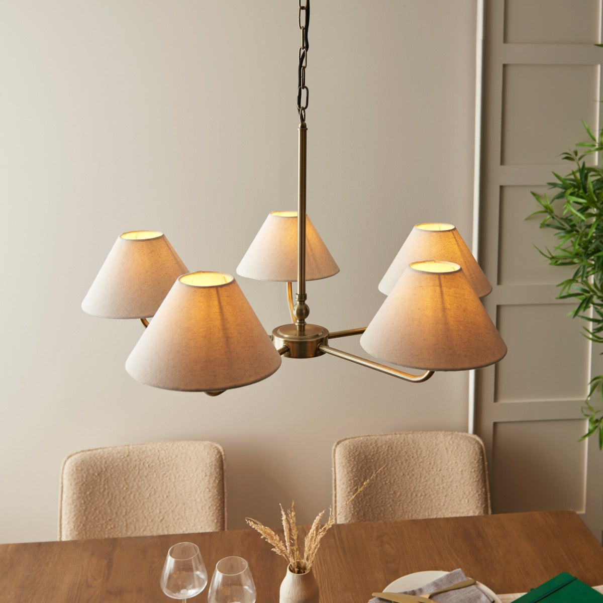 Lille 5 Light Ceiling Pendant Light In Antique Brass With Natural Linen Shades 117833