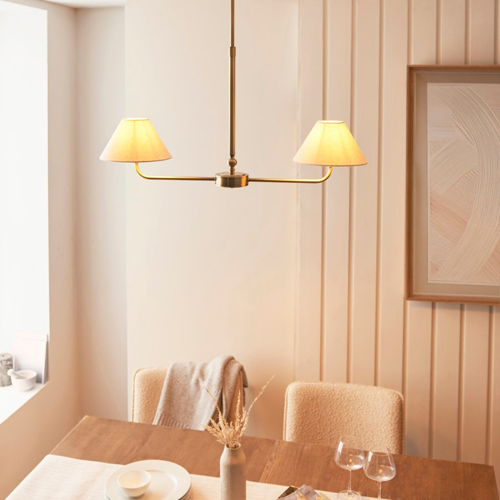 Lille 2 Light Linear Ceiling Pendant Light In Antique Brass With Natural Linen Shades 117835