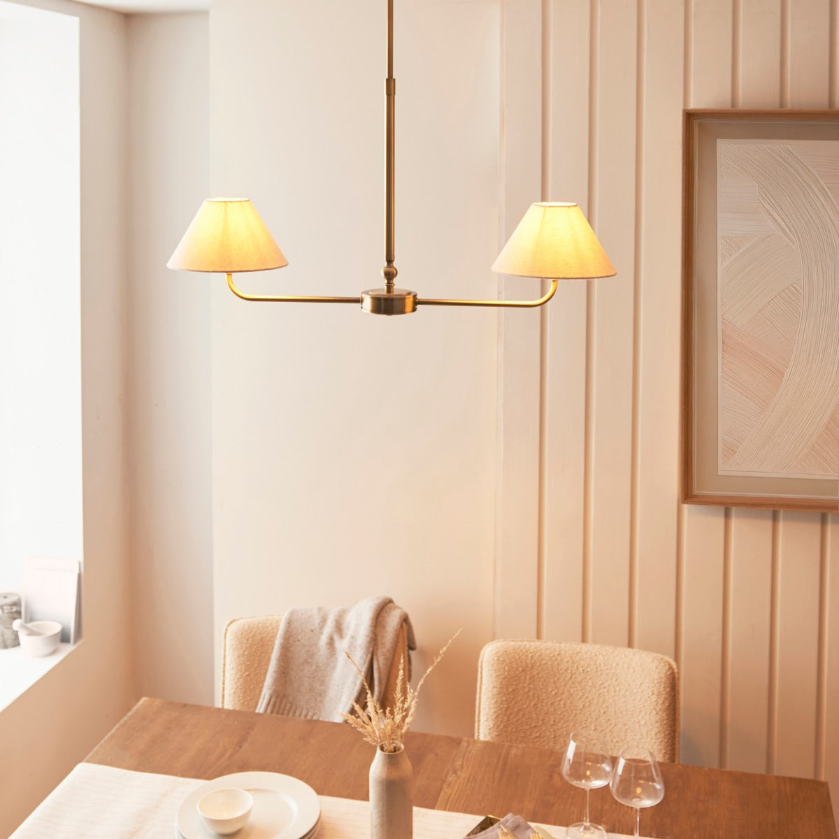 Lille 2 Light Linear Ceiling Pendant Light In Antique Brass With Natural Linen Shades 117835