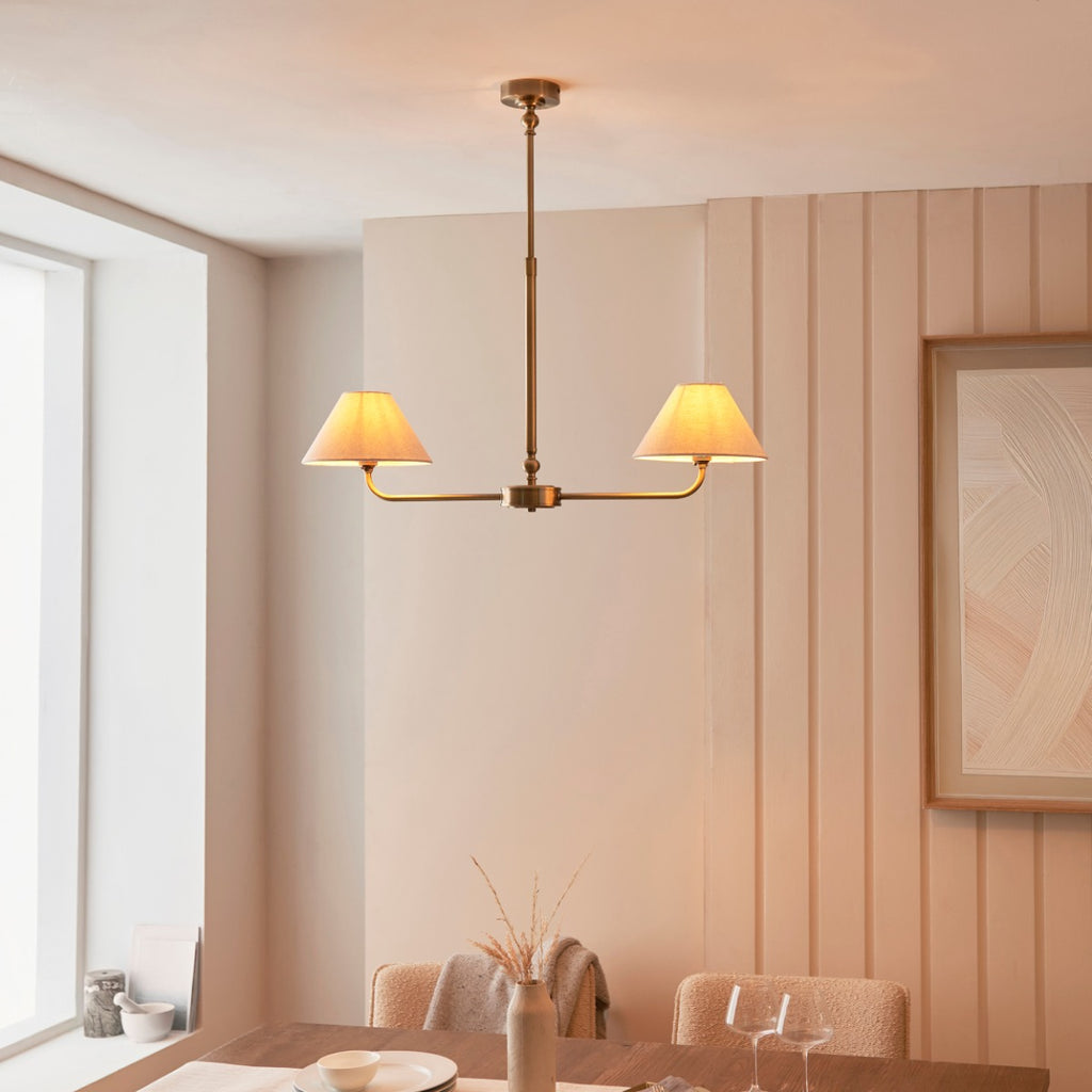 Lille 2 Light Linear Ceiling Pendant Light In Antique Brass With Natural Linen Shades 117835