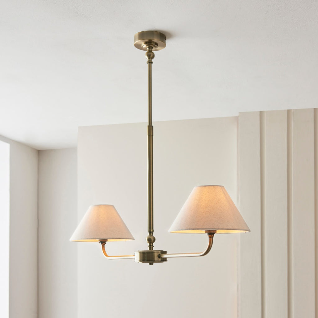 Lille 2 Light Linear Ceiling Pendant Light In Antique Brass With Natural Linen Shades 117835
