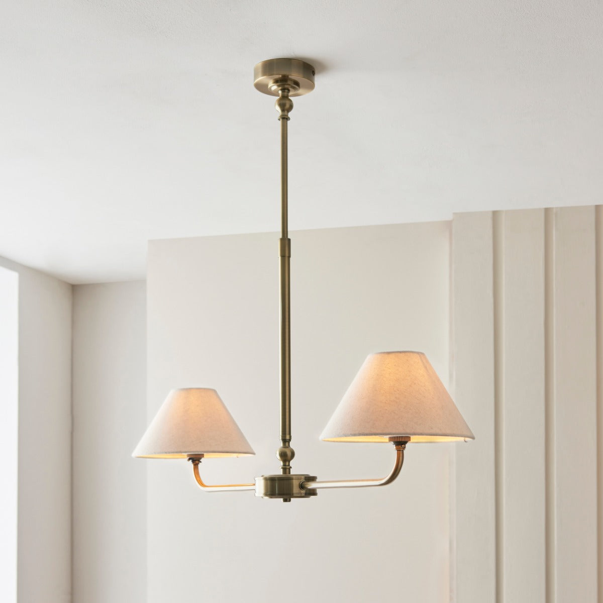 Lille 2 Light Linear Ceiling Pendant Light In Antique Brass With Natural Linen Shades 117835