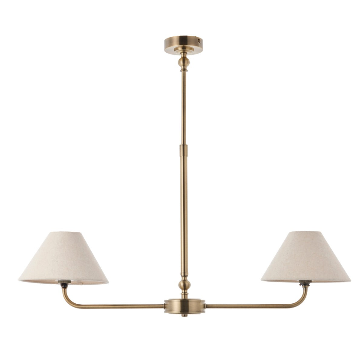 Lille 2 Light Linear Ceiling Pendant Light In Antique Brass With Natural Linen Shades 117835