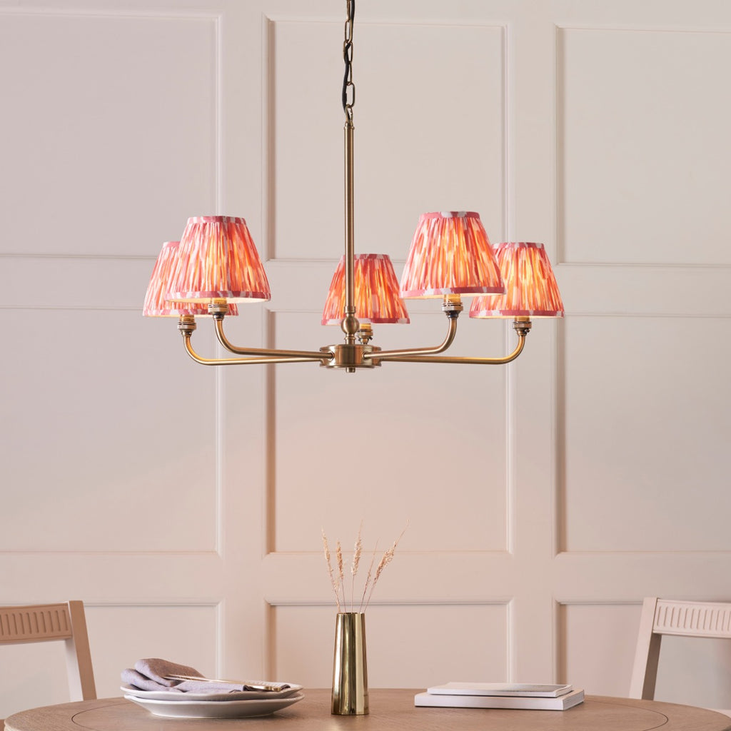 Lille 5 Light Ceiling Pendant Light In Antique Brass With Coral Pink Shades 118045