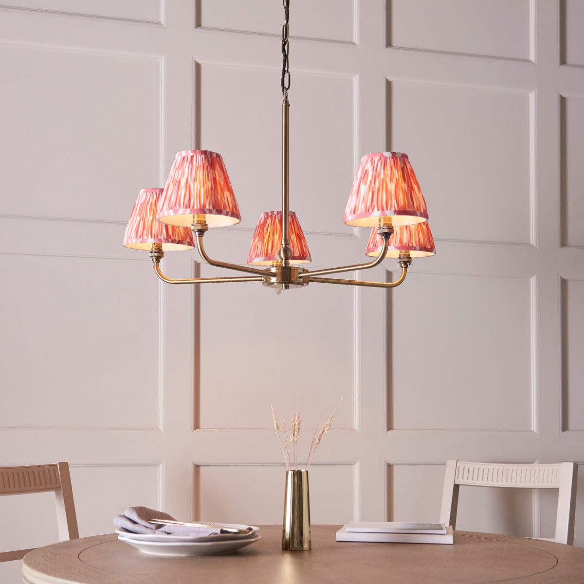 Lille 5 Light Ceiling Pendant Light In Antique Brass With Coral Pink Shades 118045