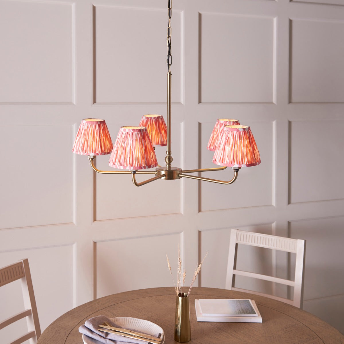 Lille 5 Light Ceiling Pendant Light In Antique Brass With Coral Pink Shades 118045