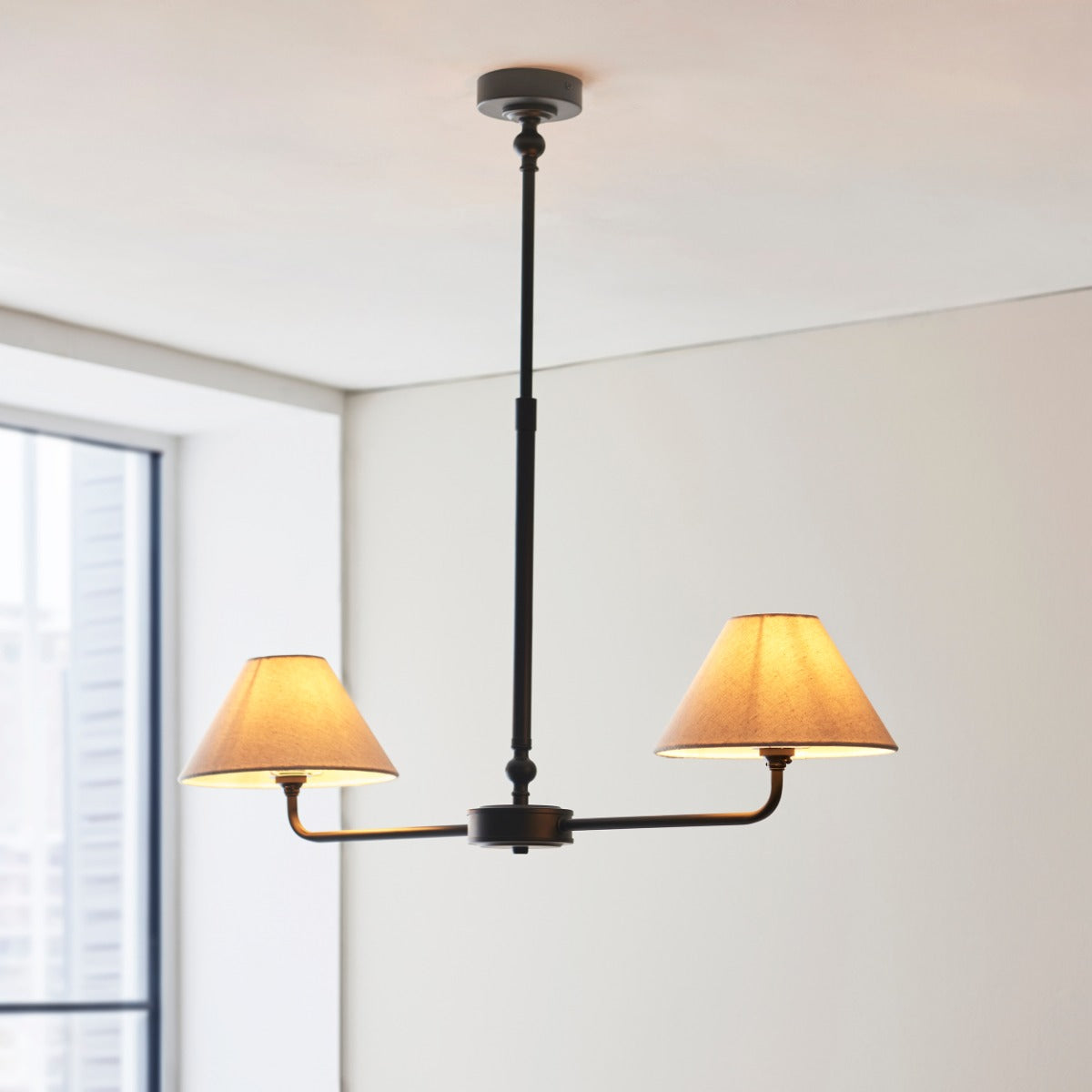 Lille 2 Light Linear Ceiling Pendant Light In Matt Black With Natural Linen Shades 117834