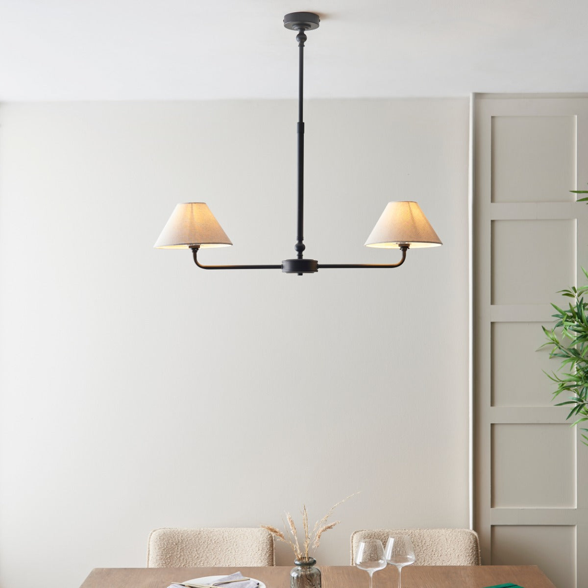 Lille 2 Light Linear Ceiling Pendant Light In Matt Black With Natural Linen Shades 117834