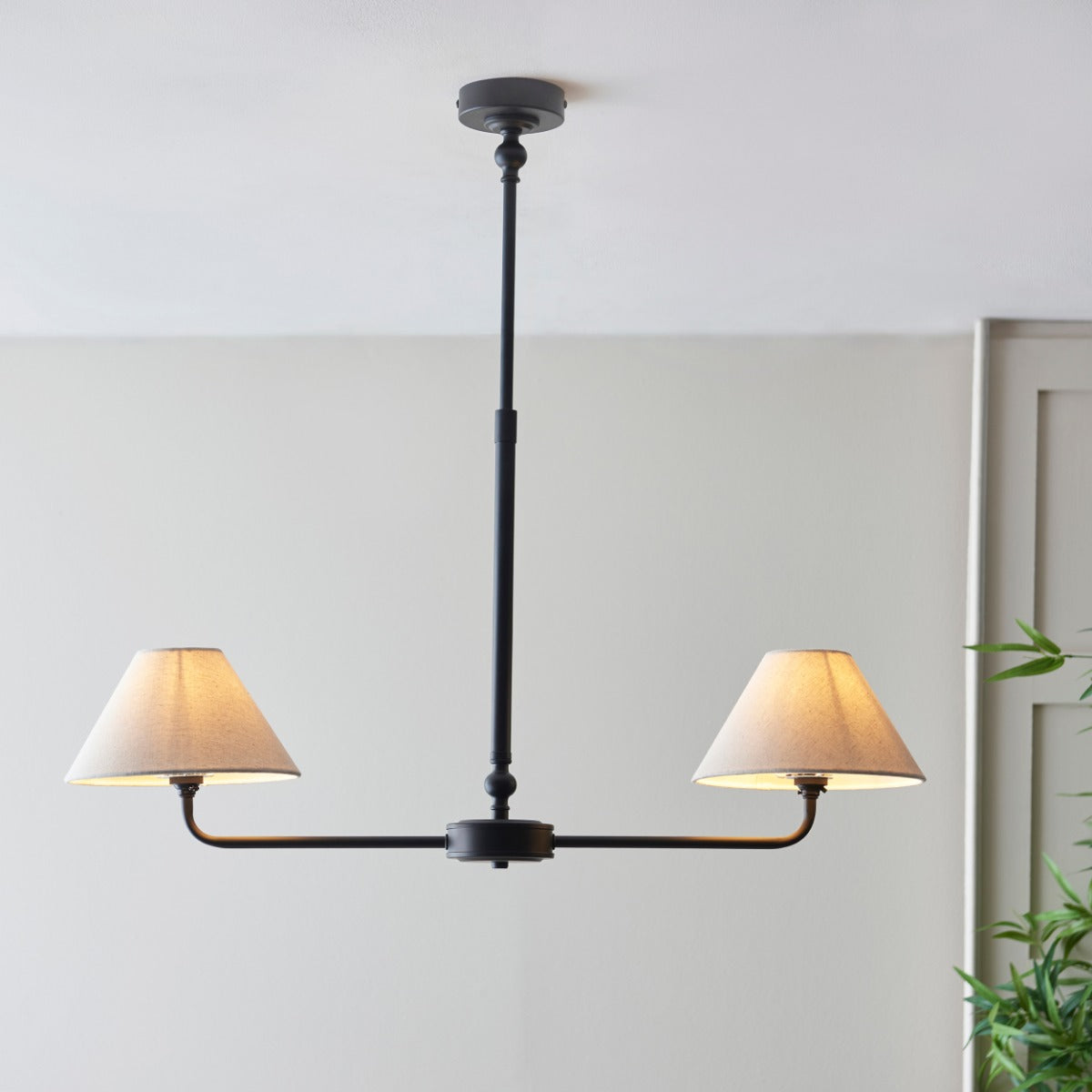 Lille 2 Light Linear Ceiling Pendant Light In Matt Black With Natural Linen Shades 117834