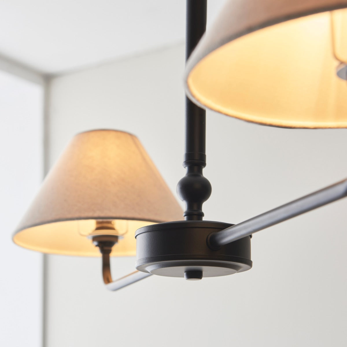 Lille 2 Light Linear Ceiling Pendant Light In Matt Black With Natural Linen Shades 117834