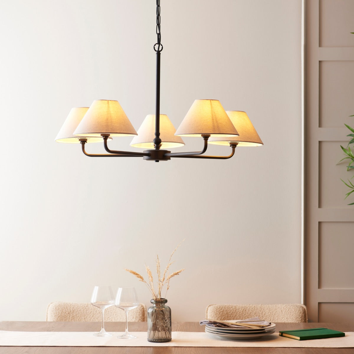 Lille 5 Light  Ceiling Pendant Light In Matt Black With Natural Linen Shades 117832