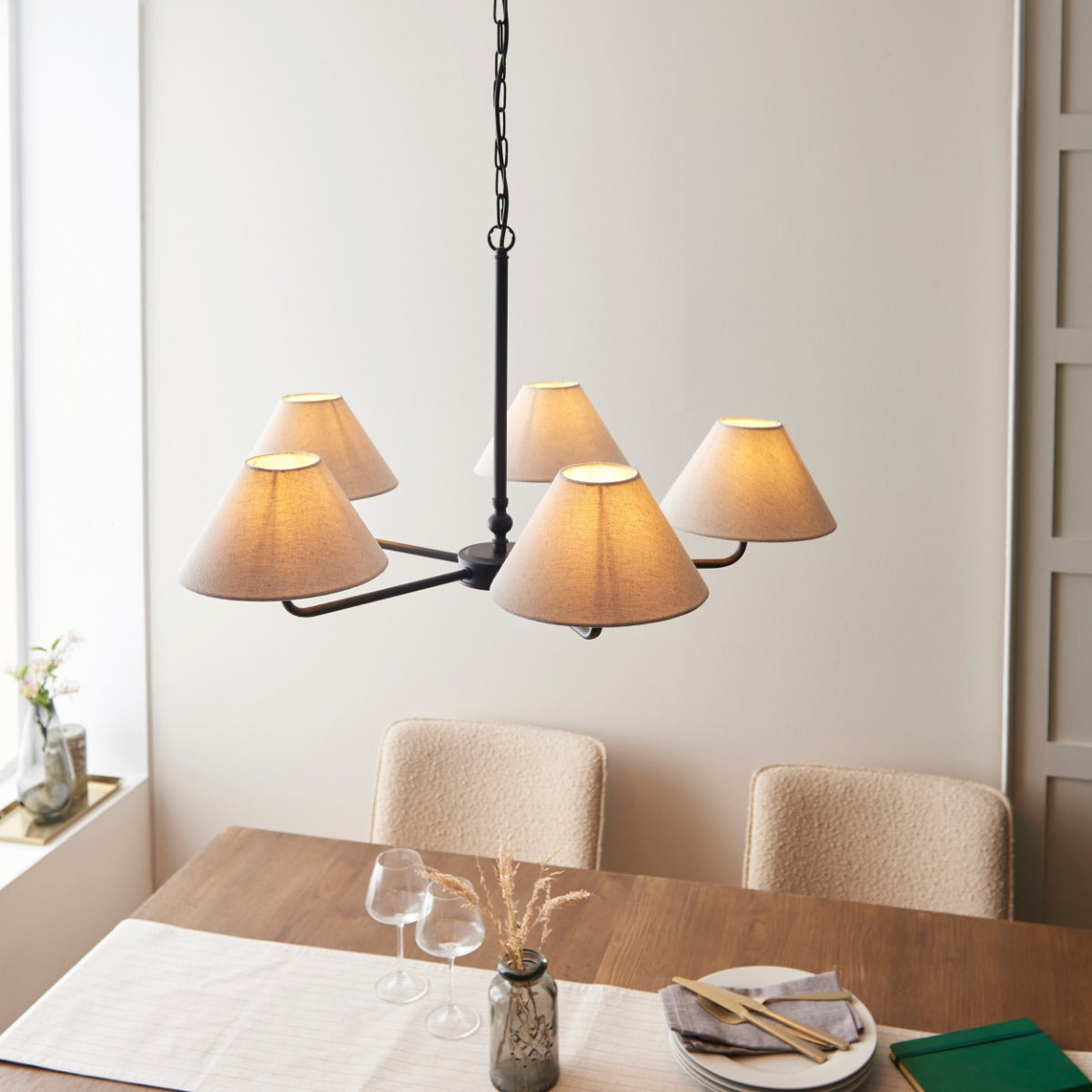 Lille 5 Light  Ceiling Pendant Light In Matt Black With Natural Linen Shades 117832