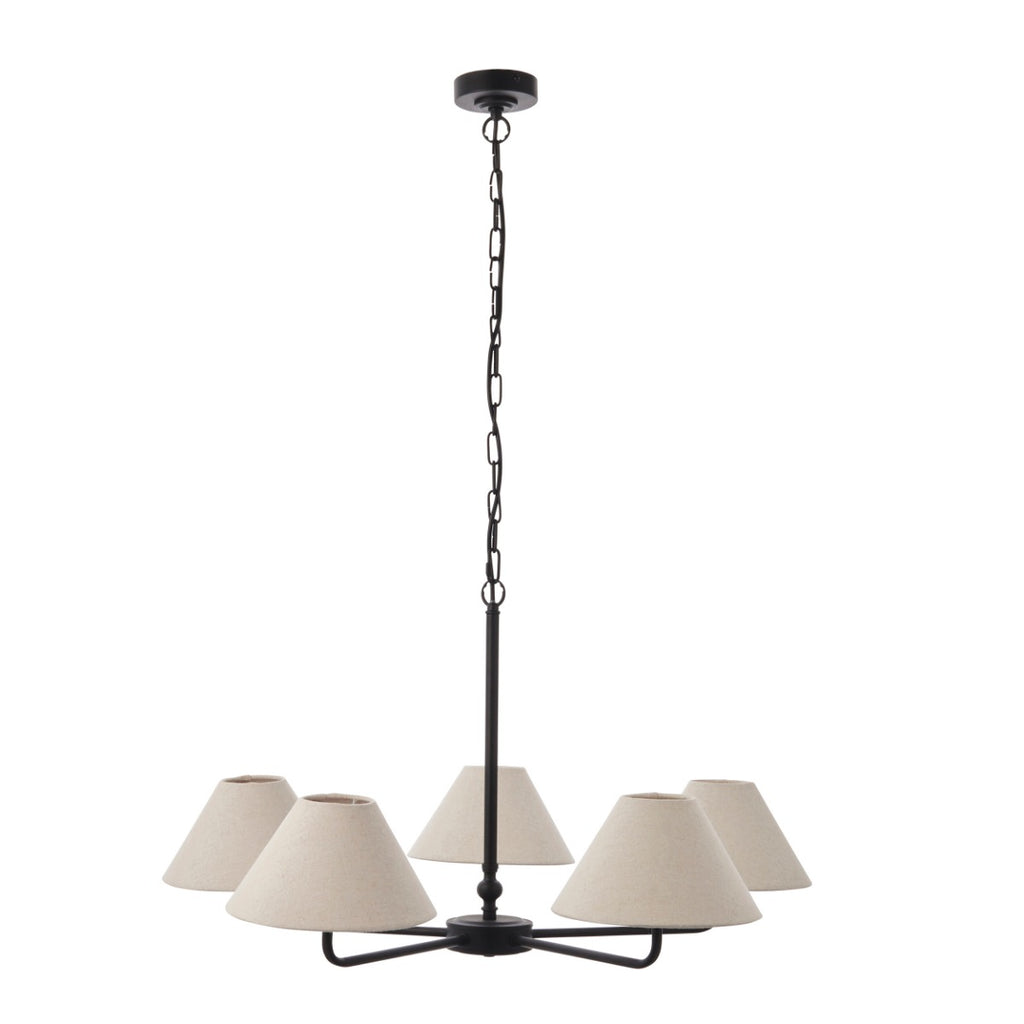 Lille 5 Light  Ceiling Pendant Light In Matt Black With Natural Linen Shades 117832
