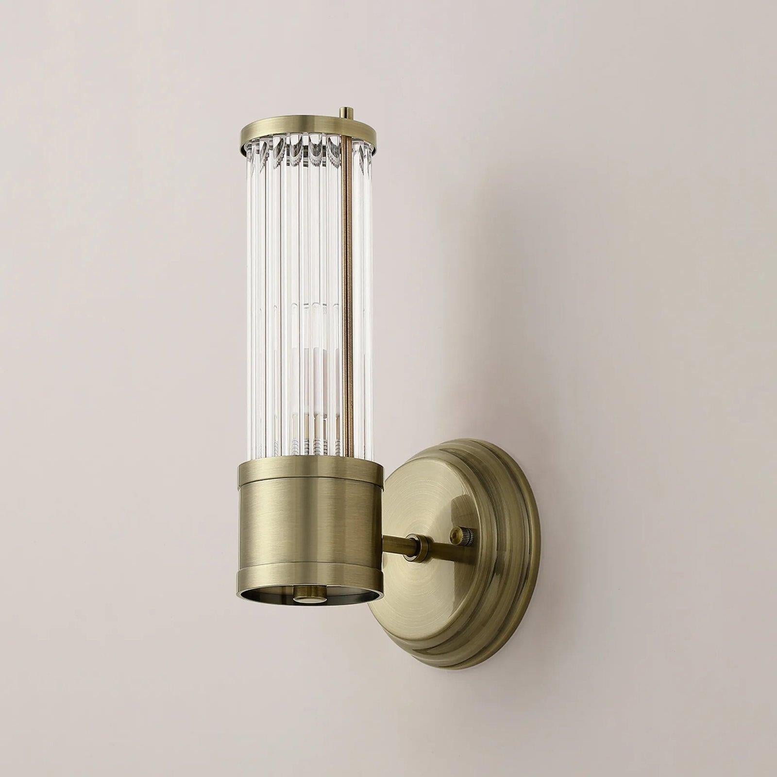Pillar 1 Light Bathroom Wall Light In Antique Brass And Clear Glass Rods IP44 E14