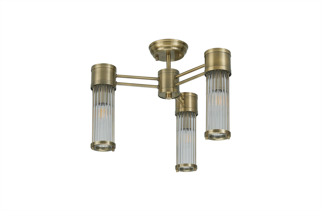 Pillar 3 Light Bathroom Semi Flush Ceiling Light In Antique Brass And Clear Glass Rods IP44 E14