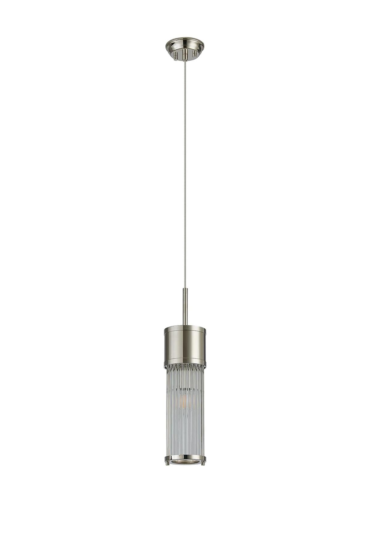 Pillar Bathroom Single Ceiling Pendant Light In Polished Nickel And Clear Glass Rods IP44 E14