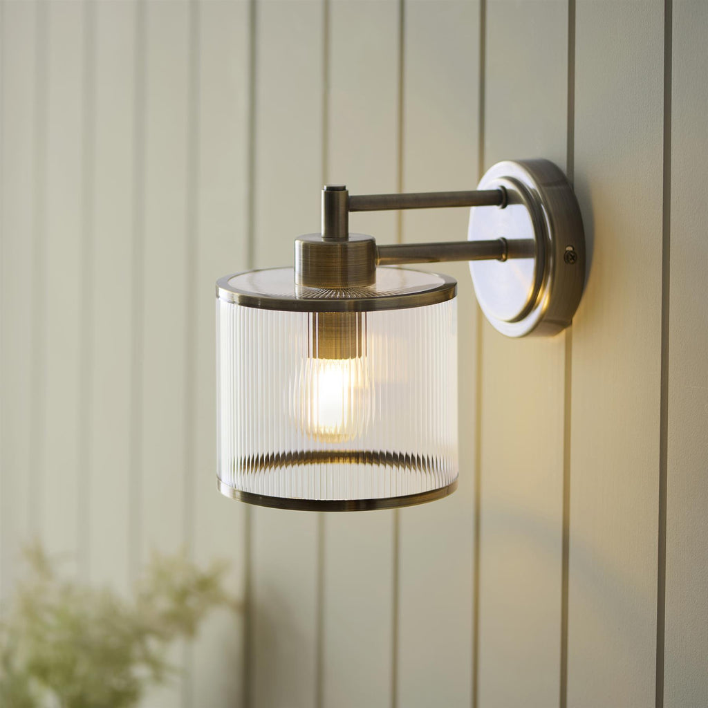 Ridgeton Single Wall Light In Antique Brass With Ribbed Glass 120144