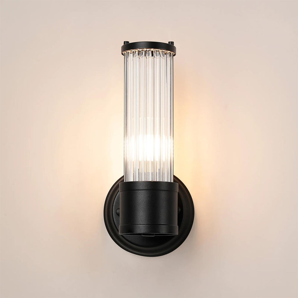 Pillar 1 Light Bathroom Wall Light In Satin Black And Clear Glass Rods IP44 E14