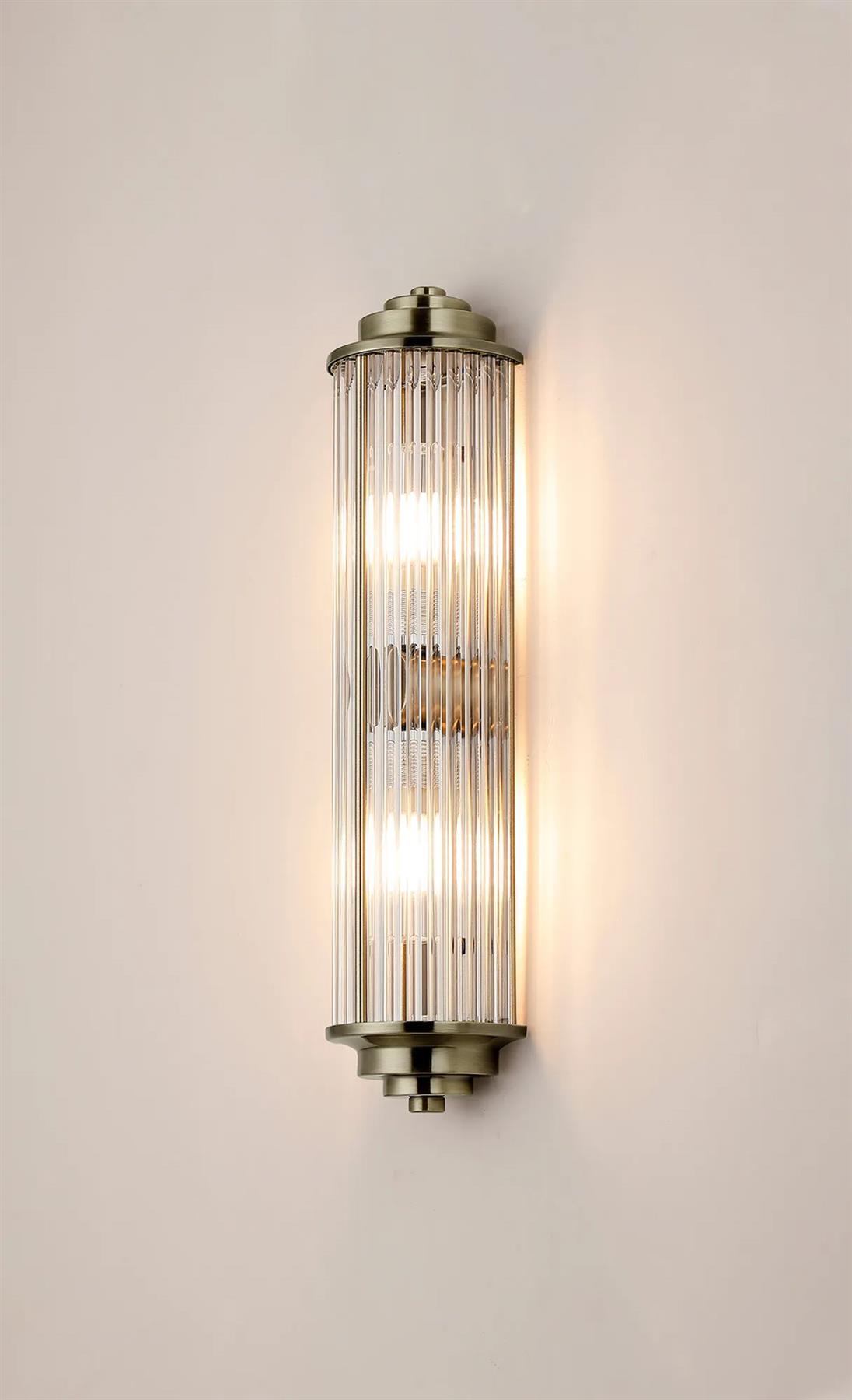 Pillar 2 Light Bathroom Wall Light In Antique Brass And Clear Glass Rods IP44 G9