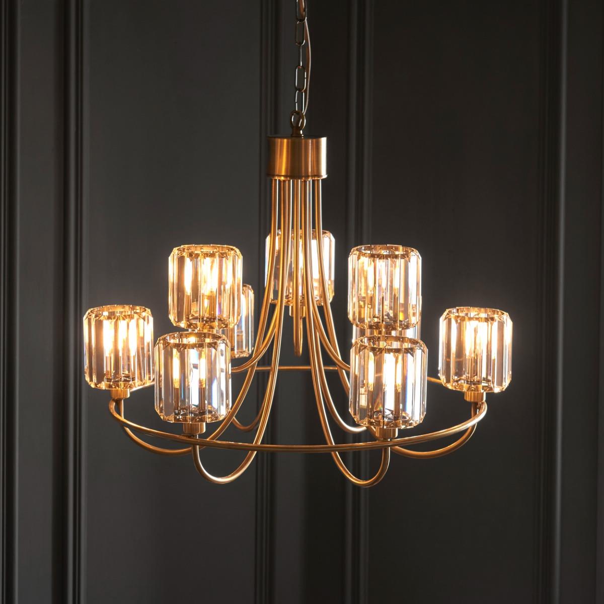 Endon 118934 Berenice 9 Light Tiered Ceiling Pendant Light In Antique Brass Finish With Cut Glass Shades