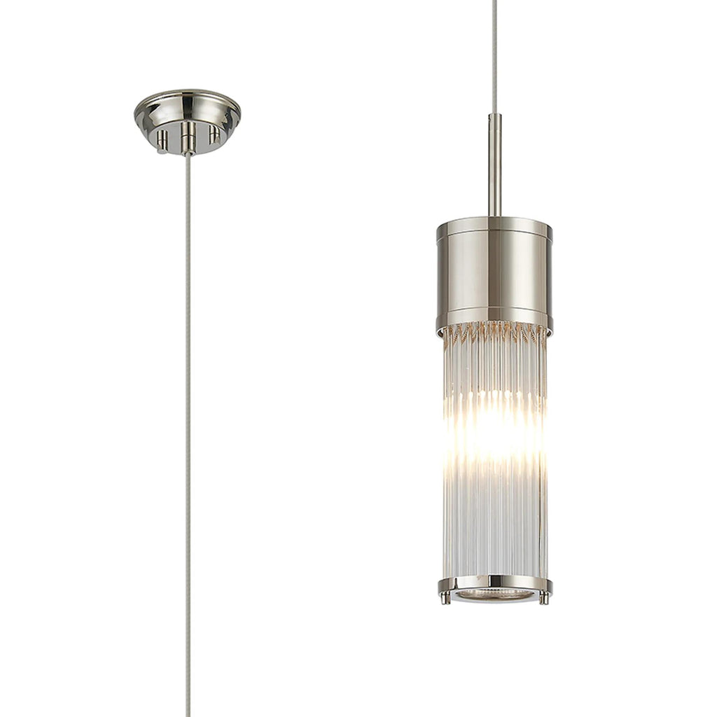 Pillar Bathroom Single Ceiling Pendant Light In Polished Nickel And Clear Glass Rods IP44 E14