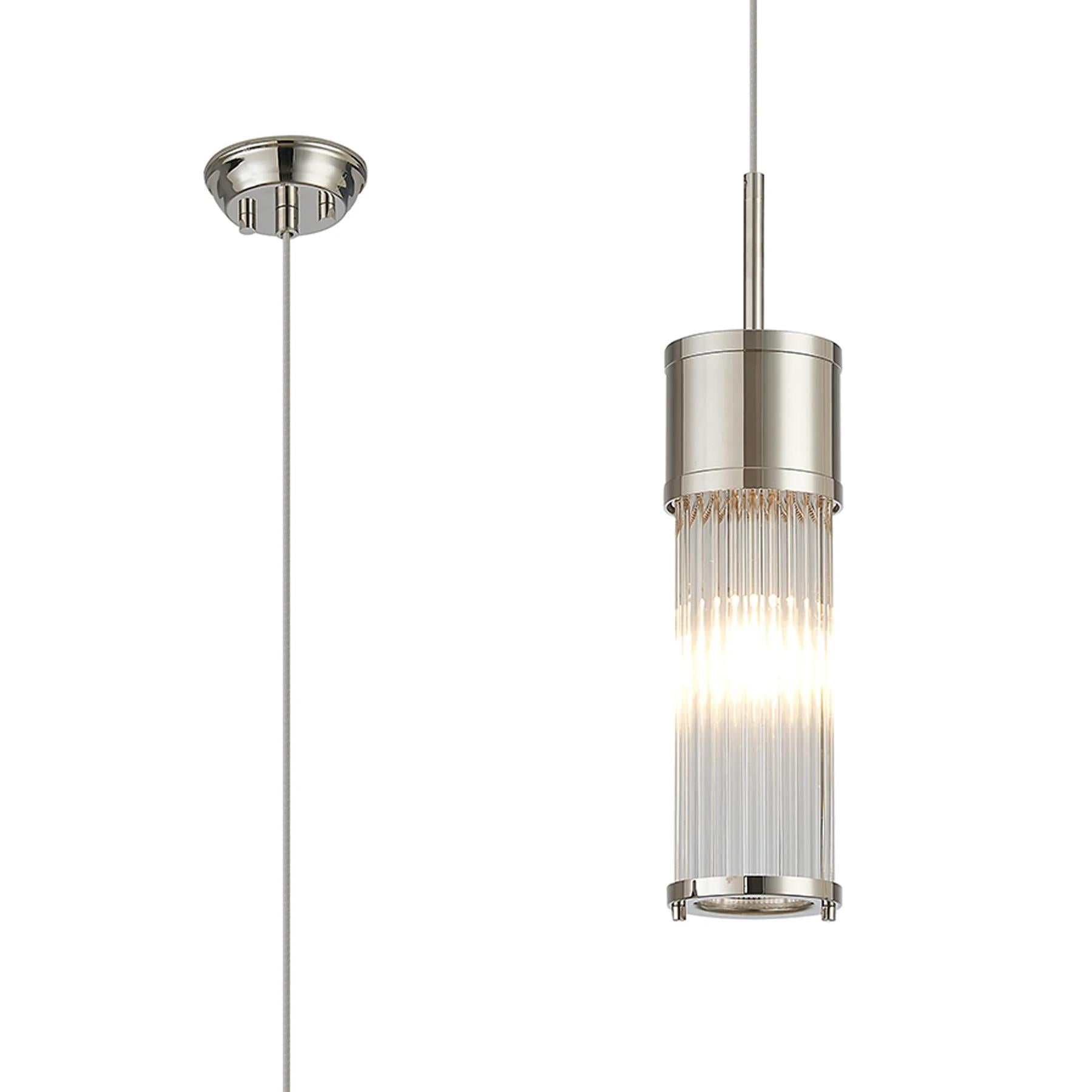 Pillar Bathroom Single Ceiling Pendant Light In Polished Nickel And Clear Glass Rods IP44 E14
