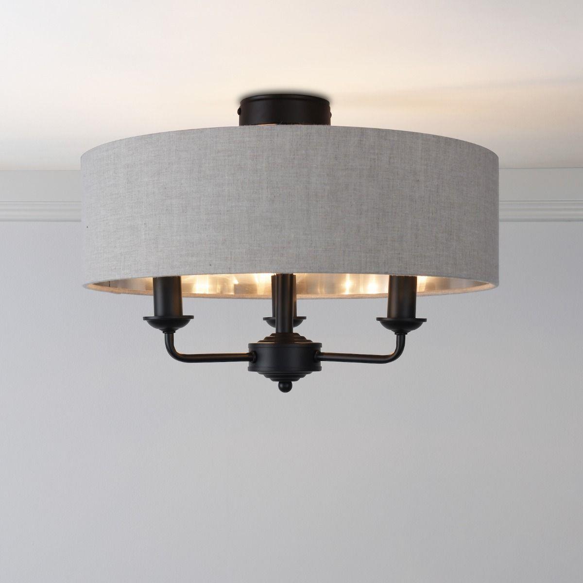 Sorrento 3 Light Semi Flush Ceiling Light In Matt Black With Natural Linen Shade LA3756553-Q