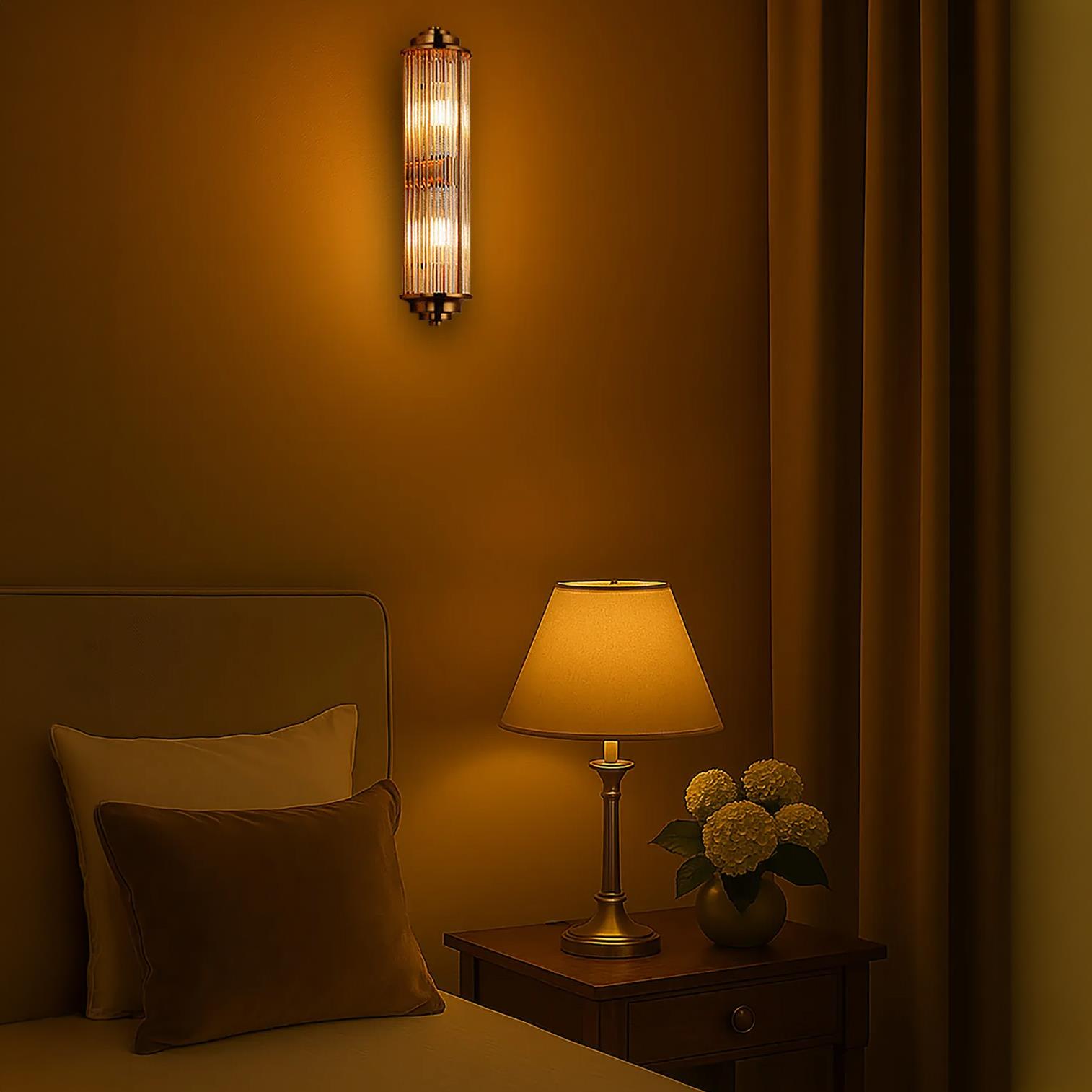 Pillar 2 Light Bathroom Wall Light In Gold And Clear Glass Rods IP44 G9