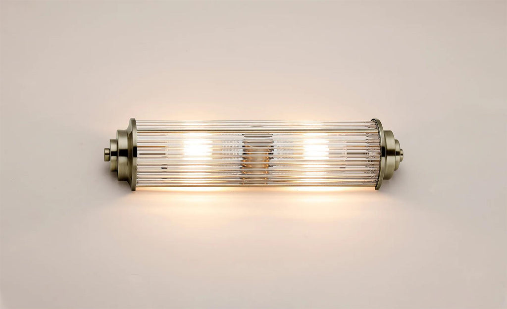 Pillar 2 Light Bathroom Wall Light In Antique Brass And Clear Glass Rods IP44 G9