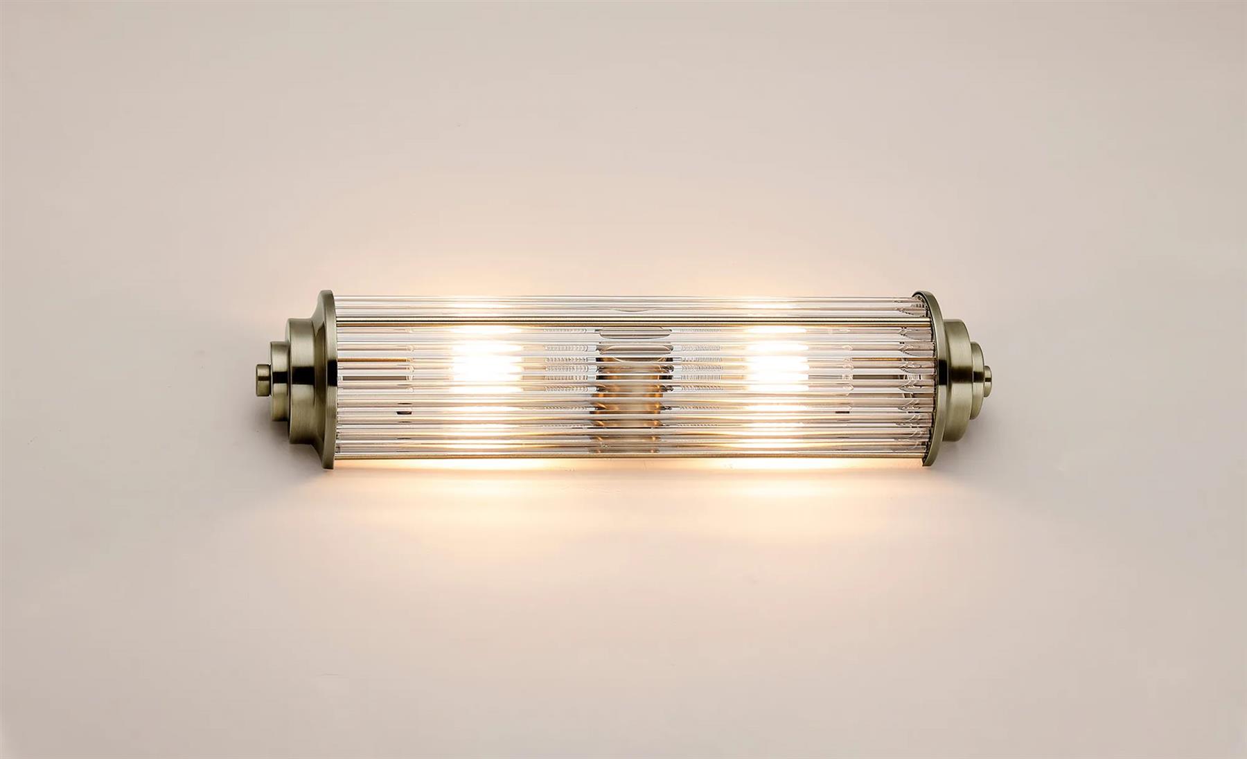 Pillar 2 Light Bathroom Wall Light In Antique Brass And Clear Glass Rods IP44 G9