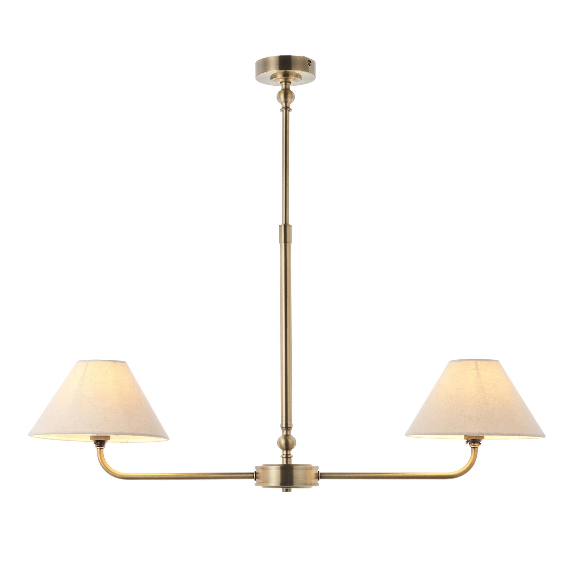 Lille 2 Light Linear Ceiling Pendant Light In Antique Brass With Natural Linen Shades 117835