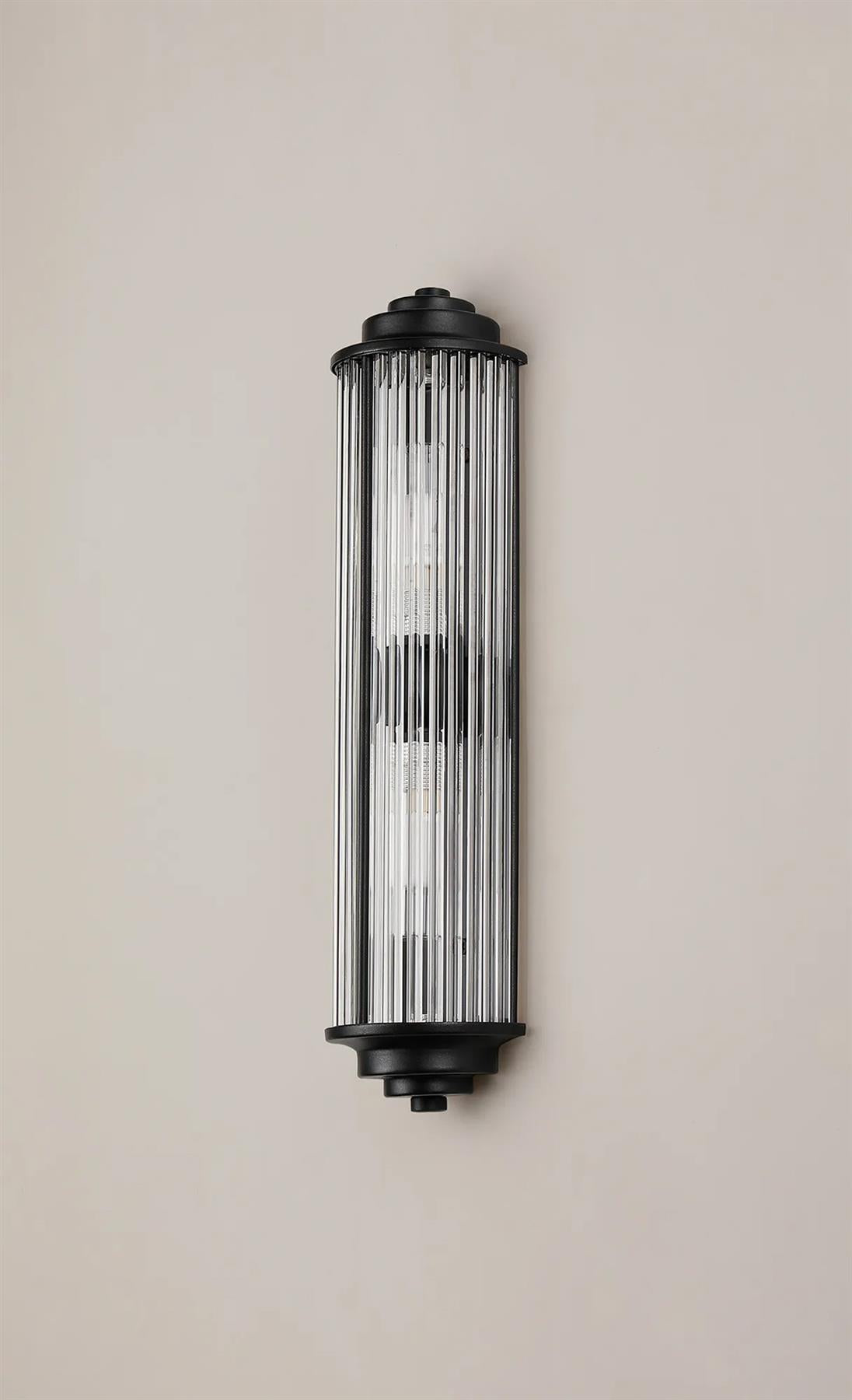 Pillar 2 Light Bathroom Wall Light In Satin Black And Clear Glass Rods IP44 G9