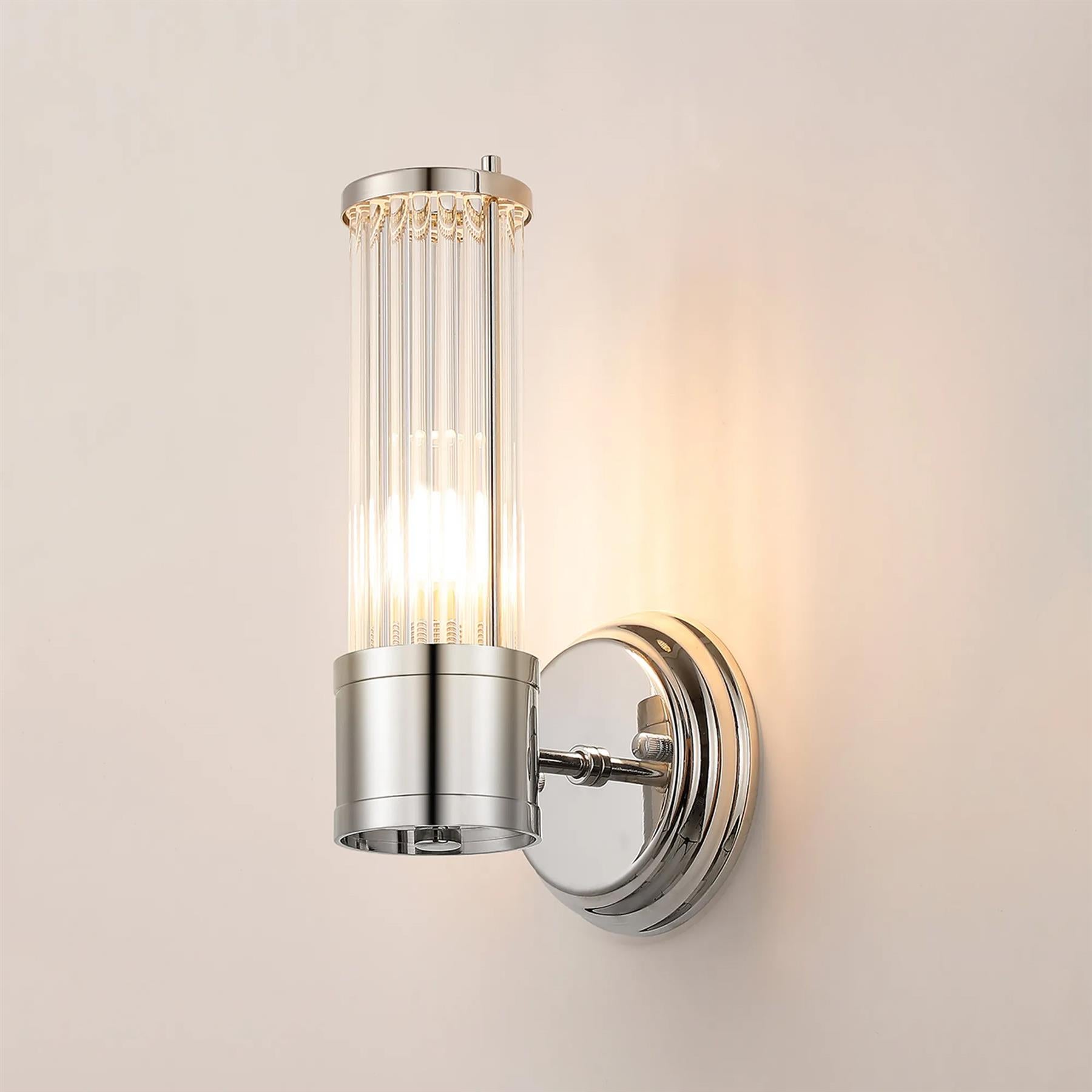 Pillar 1 Light Bathroom Wall Light In Polished Nickel And Clear Glass Rods IP44 E14