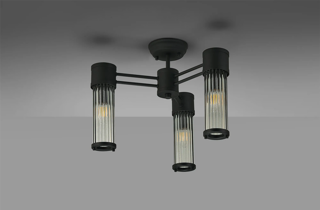 Pillar 3 Light Bathroom Semi Flush Ceiling Light In Satin Black And Clear Glass Rods IP44 E14