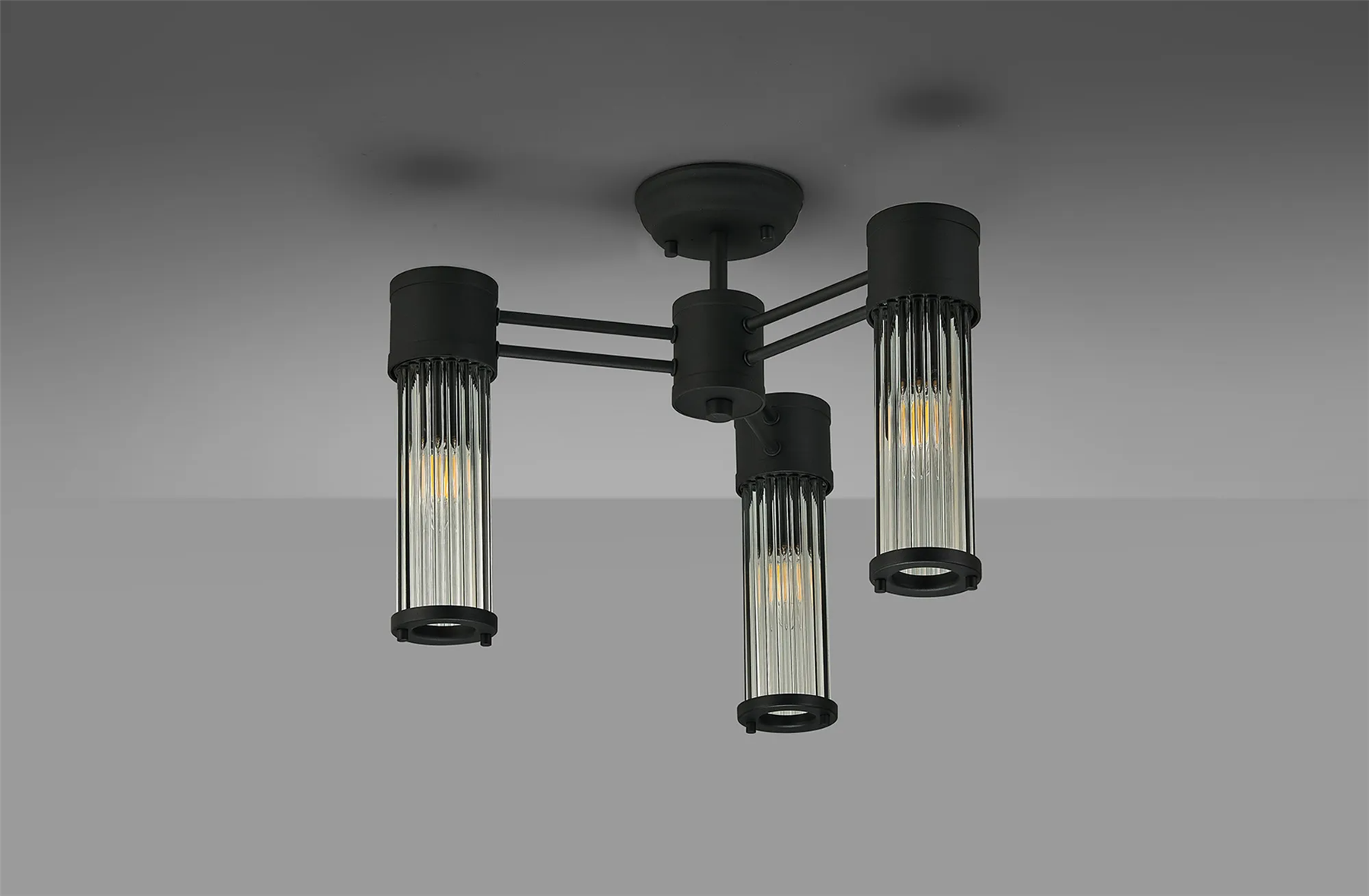 Pillar 3 Light Bathroom Semi Flush Ceiling Light In Satin Black And Clear Glass Rods IP44 E14